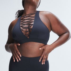 LACE UP SATIN-TRIM MEDIUM-IMPACT SPORTS BRA