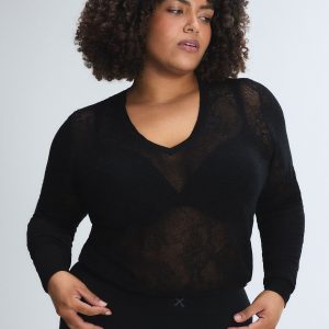 LUXE LACE SHEER KNIT V-NECK SWEATER