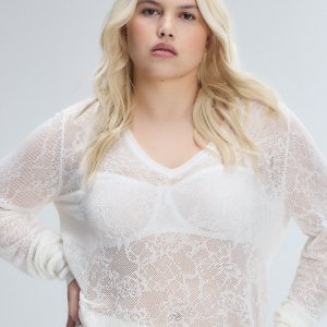 LUXE LACE SHEER KNIT V-NECK SWEATER